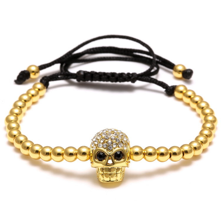 Wholesale Braided Zircon 4mm Copper Beads Skull Men's Adjustable Bracelet